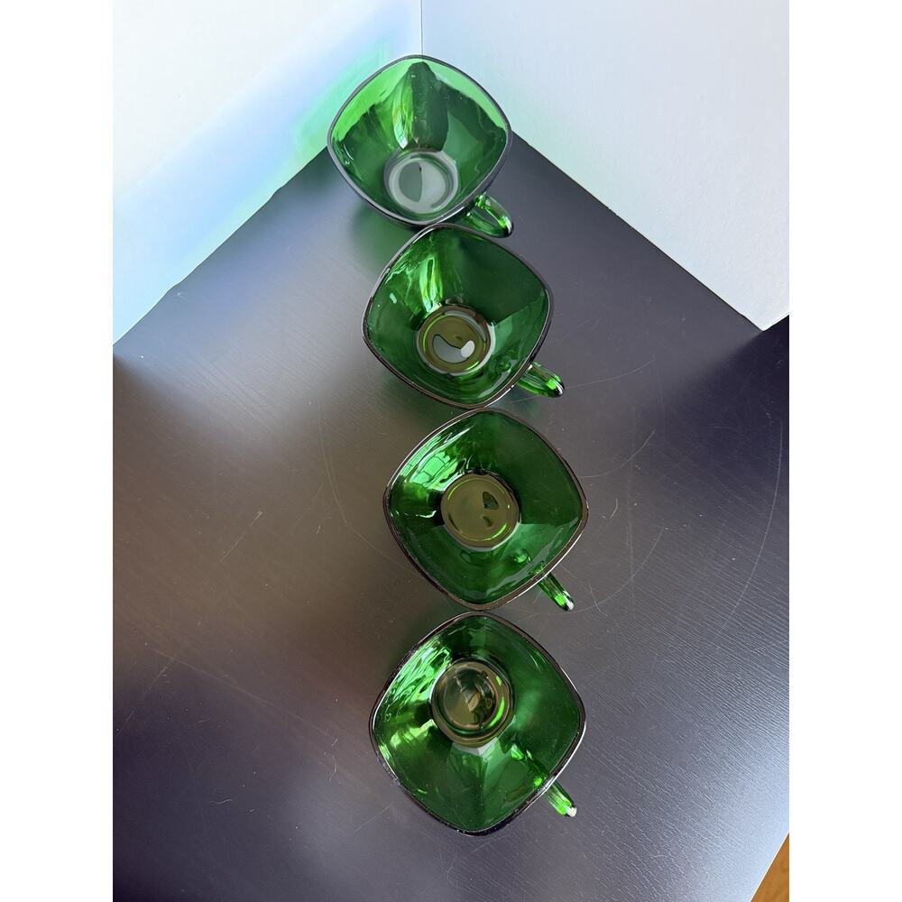 Vintage Emerald Green Glass Teacups Set 4 MCM Square Coffee Cups USA